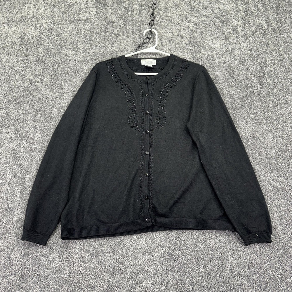 Jennifer Moore Sweater Cardigan Womens XL Black Beaded Knit Button Front Classic